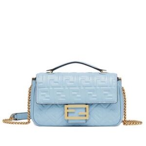 FENDI BAGUETTE BAG LIGHT BLUE NAPPA LEATHER. FF MOTIF. GOLD DOUBLE CHAIN STRAPS